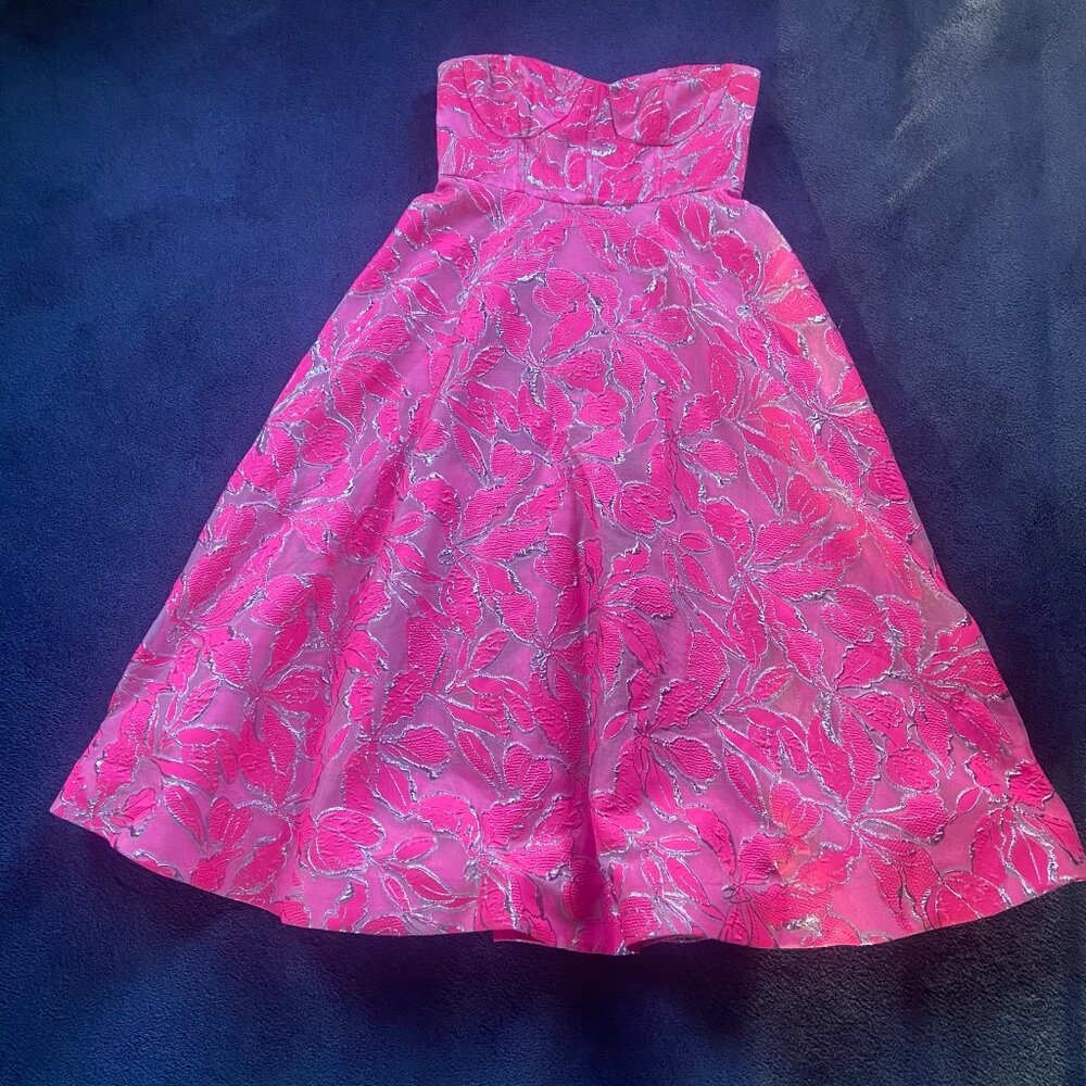 Like NEW ML Monique Lhuillier Amelia Strapless Floral Jacquard Gown Sz 12 - Picture 4 of 9